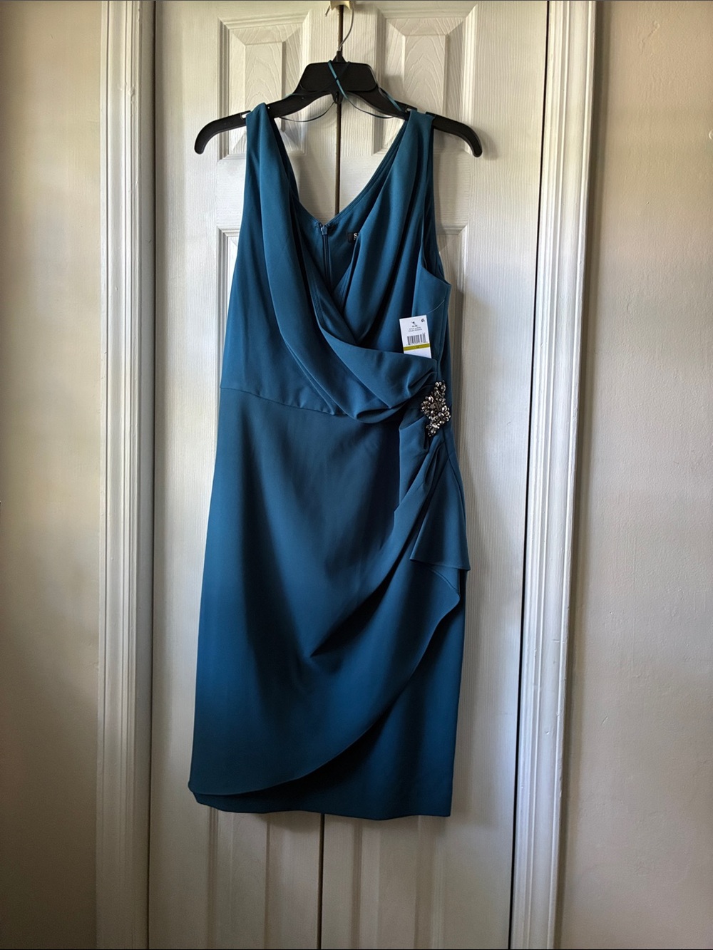 Sleeveless Teal Draped Midi Dress with Side Crystal Accent